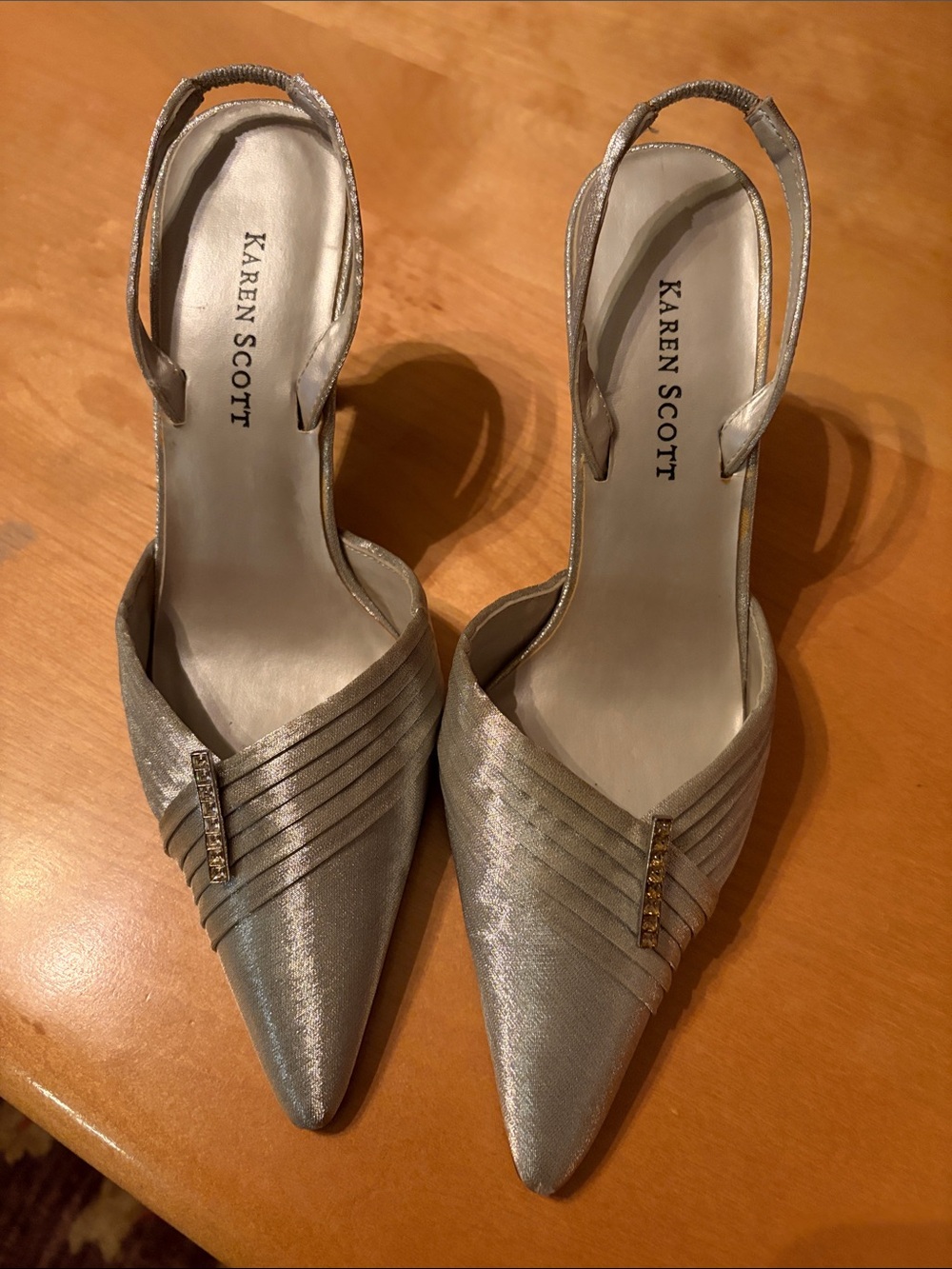 Karen Scott Silver Pointed Slingback Heels with Rhinestone Bar